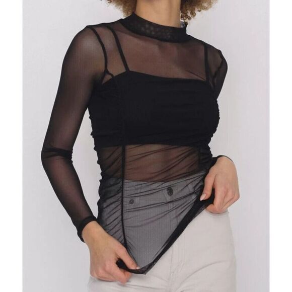 Project Social T 9694-MV Women's Sz M Black Just Float Sheer Mesh Ruched L/S Top - Picture 8 of 9